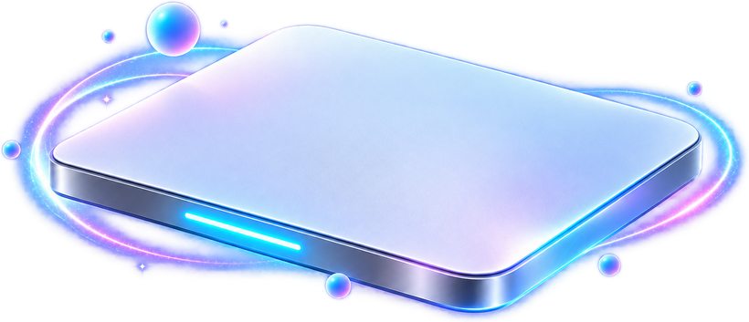 Illustration of the C.A.T. trackpad: a rounded rectangular aluminium surface with a strip of light along its front edge and a silver halo around it.