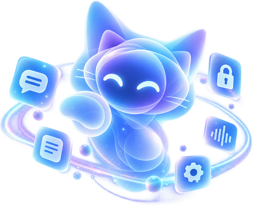 Illustration of C.A.T.Y.: a translucent, glowing cat in blues and violets, surrounded by floating icons for conversation, security, settings and voice.
