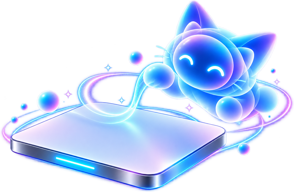 Illustration of C.A.T. and C.A.T.Y. together: the silver trackpad with its halo, and above it the glowing C.A.T.Y. cat, joined by a thread of light rising from the device surface.